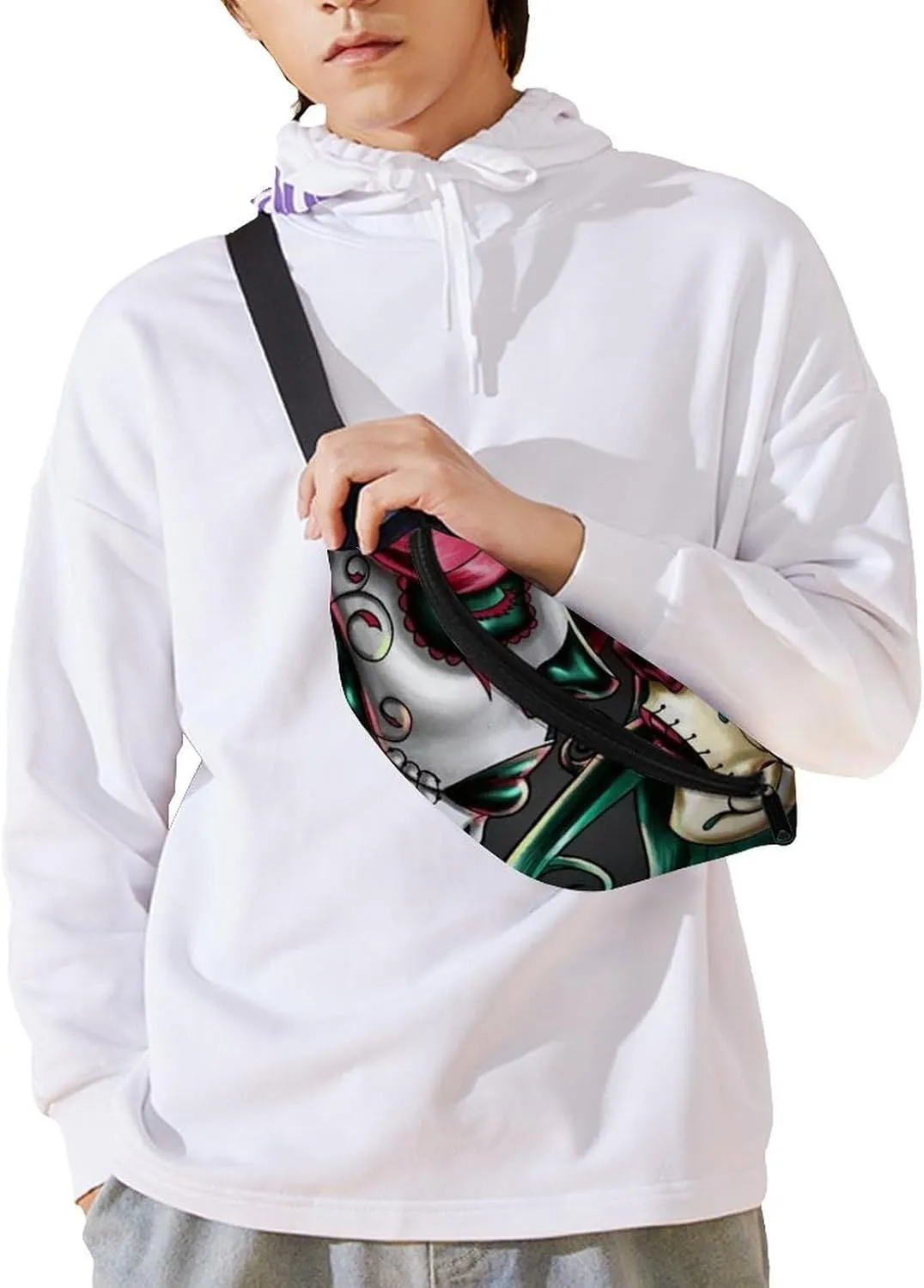 Halloween Sugar Skull Red And Green Hair Art Fashionable And Exquisite Waist Bag with Large Capacity