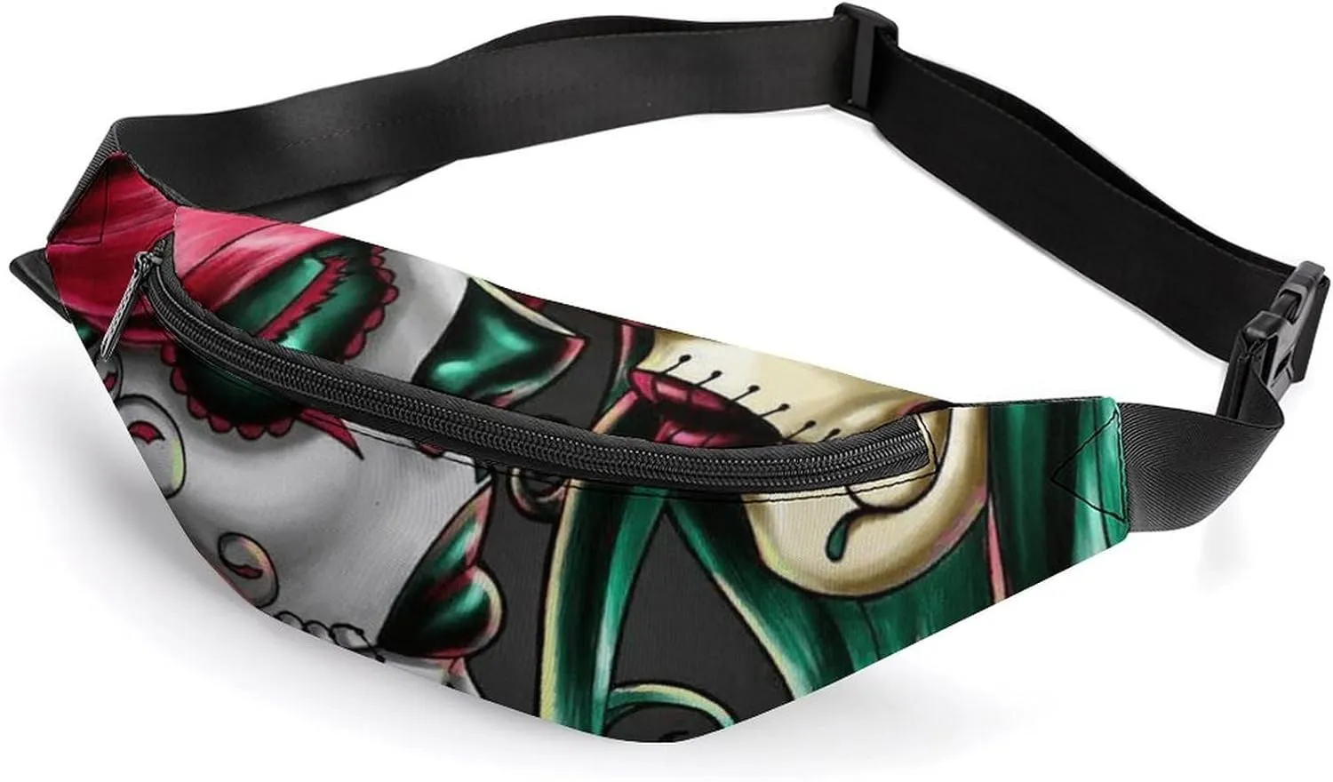 Halloween Sugar Skull Red And Green Hair Art Fashionable And Exquisite Waist Bag with Large Capacity