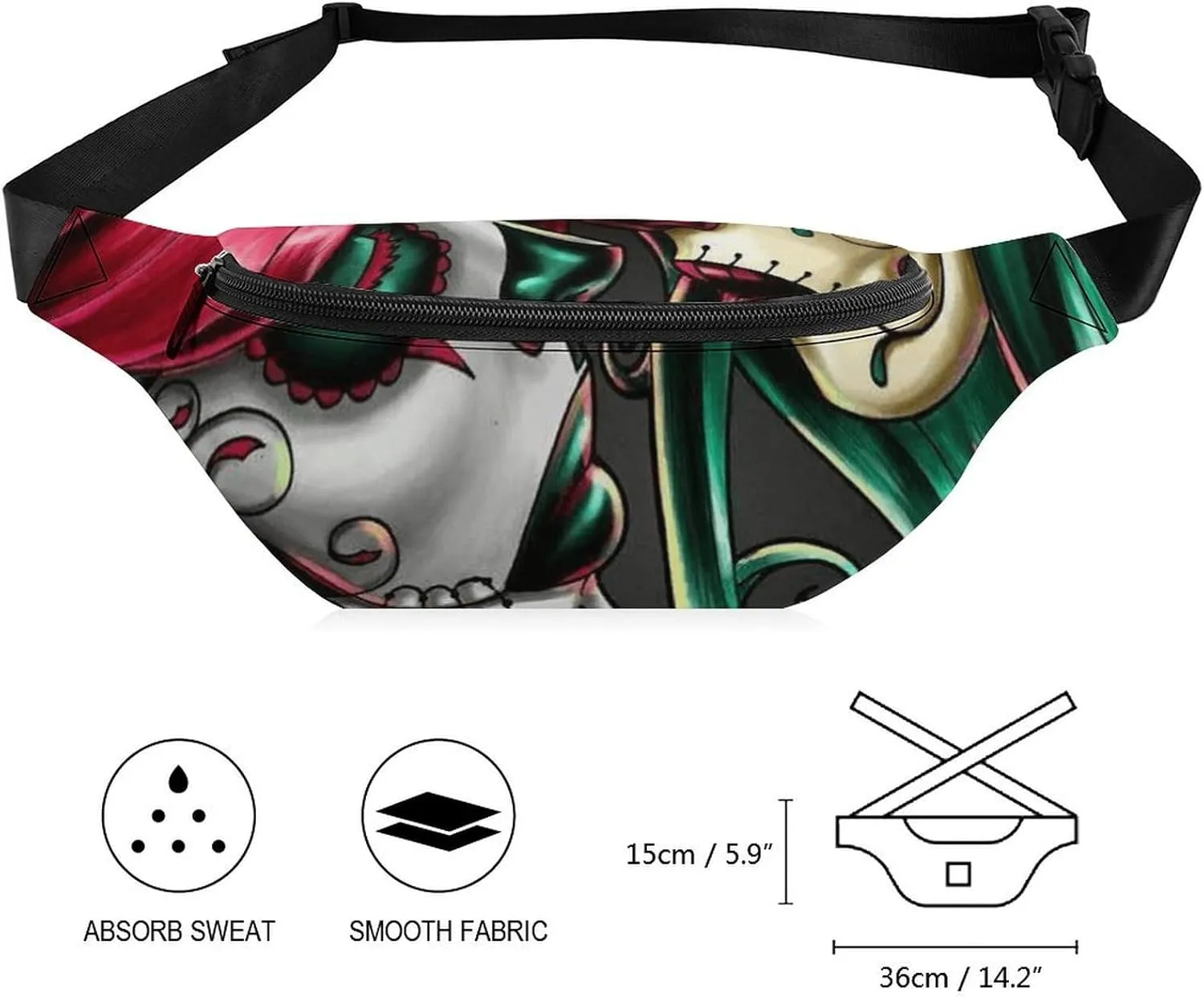 Halloween Sugar Skull Red And Green Hair Art Fashionable And Exquisite Waist Bag with Large Capacity