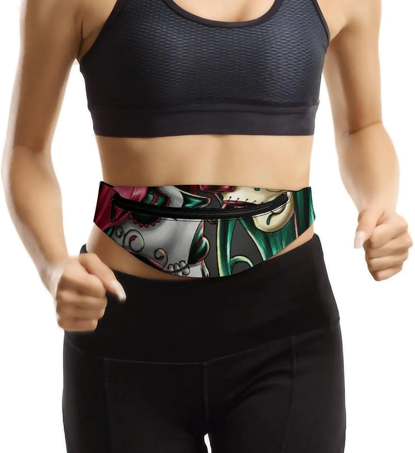 Halloween Sugar Skull Red And Green Hair Art Fashionable And Exquisite Waist Bag with Large Capacity