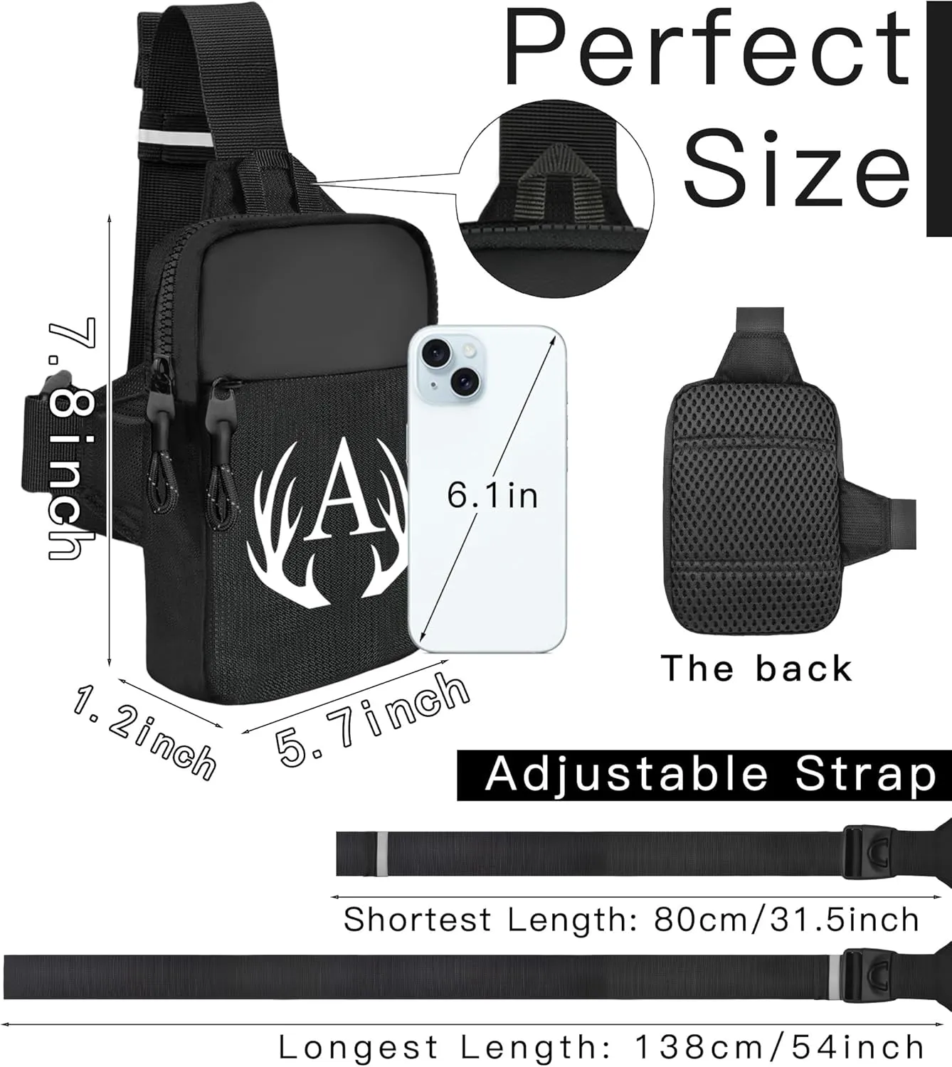 Initial Letter Small Crossbody Sling Bag for Men Women Double Pocket Chest Bag Trendy Water Resistant Fanny Pack Mini Phone Cross Body Bag for Travel Sports Workout Running (Black B)