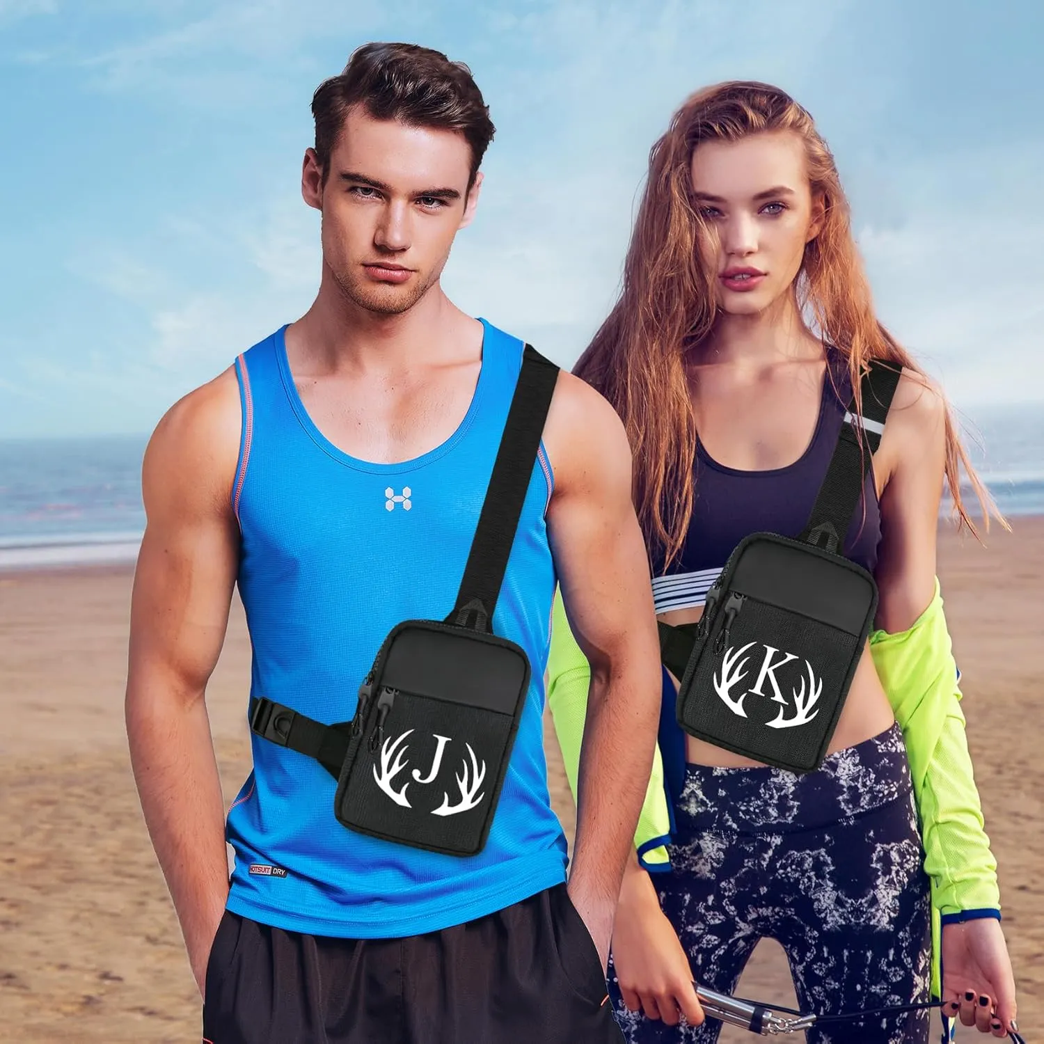 Initial Letter Small Crossbody Sling Bag for Men Women Double Pocket Chest Bag Trendy Water Resistant Fanny Pack Mini Phone Cross Body Bag for Travel Sports Workout Running (Black B)