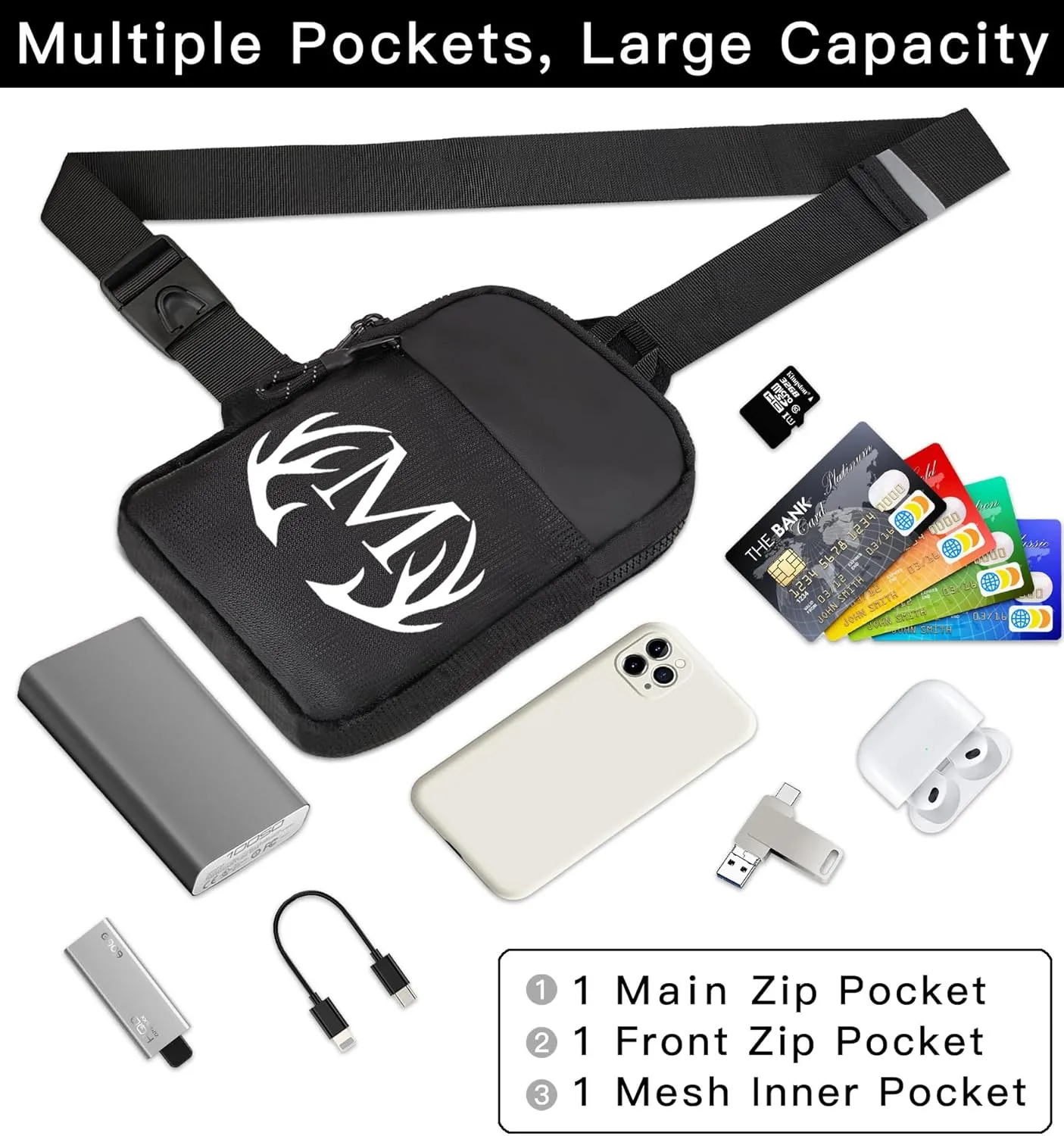 Initial Letter Small Crossbody Sling Bag for Men Women Double Pocket Chest Bag Trendy Water Resistant Fanny Pack Mini Phone Cross Body Bag for Travel Sports Workout Running (Black B)