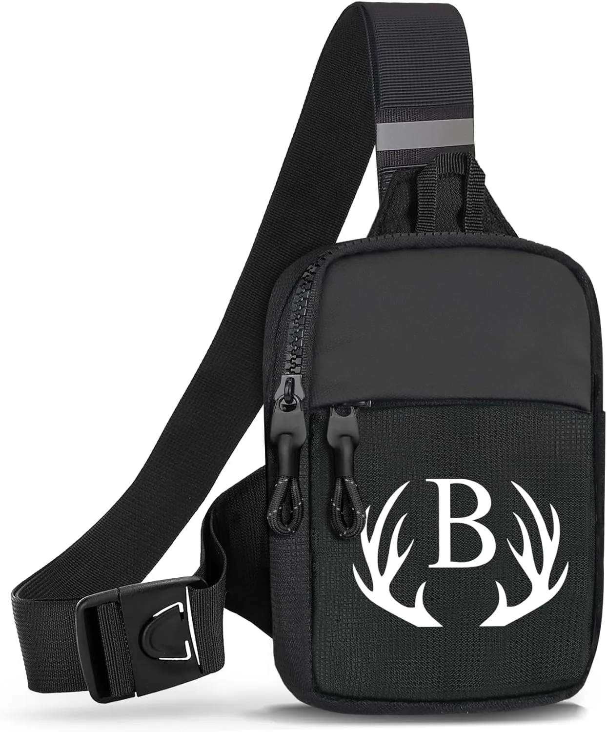 Initial Letter Small Crossbody Sling Bag for Men Women Double Pocket Chest Bag Trendy Water Resistant Fanny Pack Mini Phone Cross Body Bag for Travel Sports Workout Running (Black B)