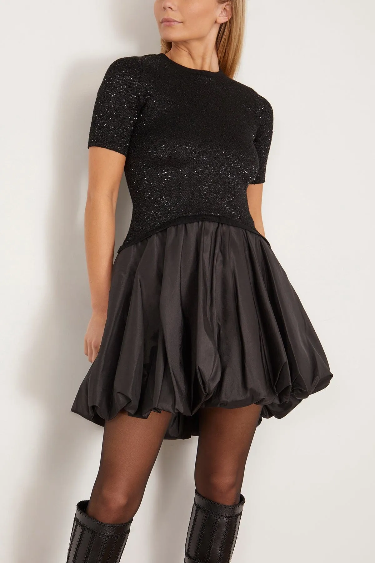 Kenz Short Sleeve Combo Ruffle Mini Dress in Black