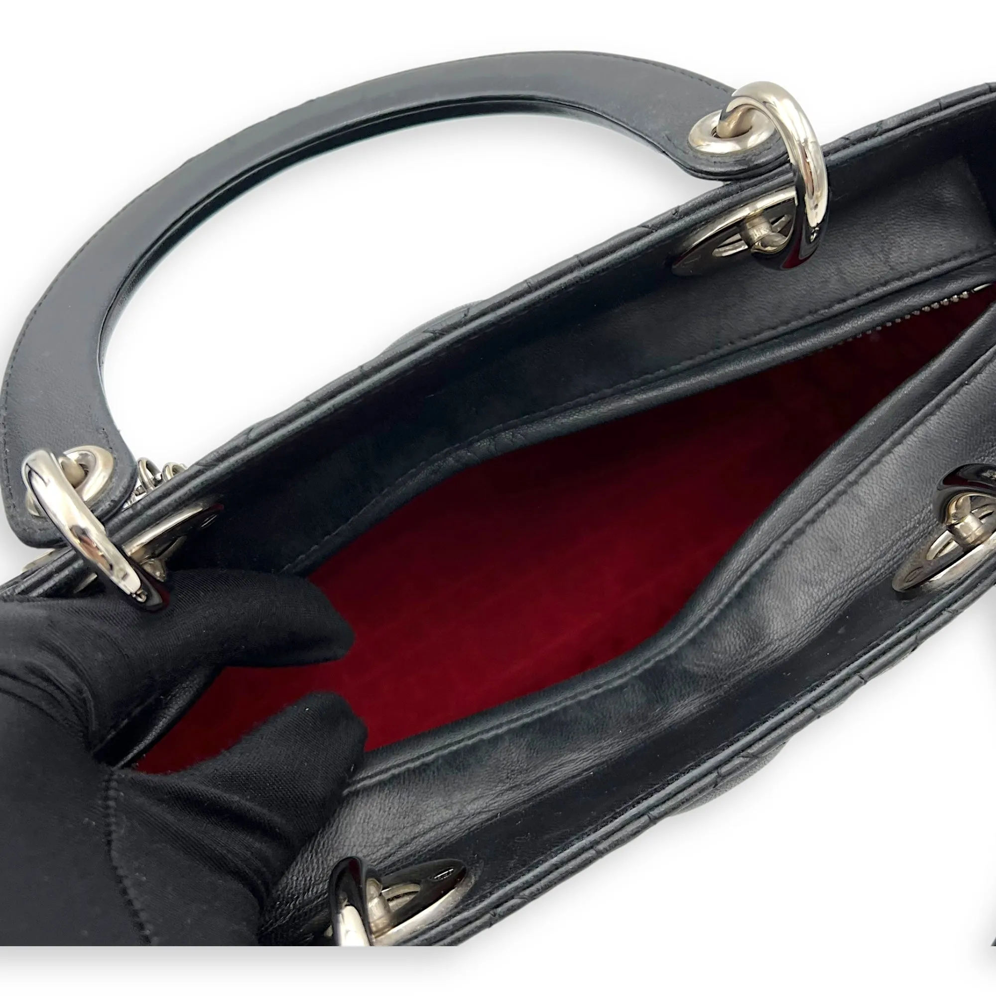 Lady Dior Medium Black Top Handle Bag in Lambskin, Silver hardware