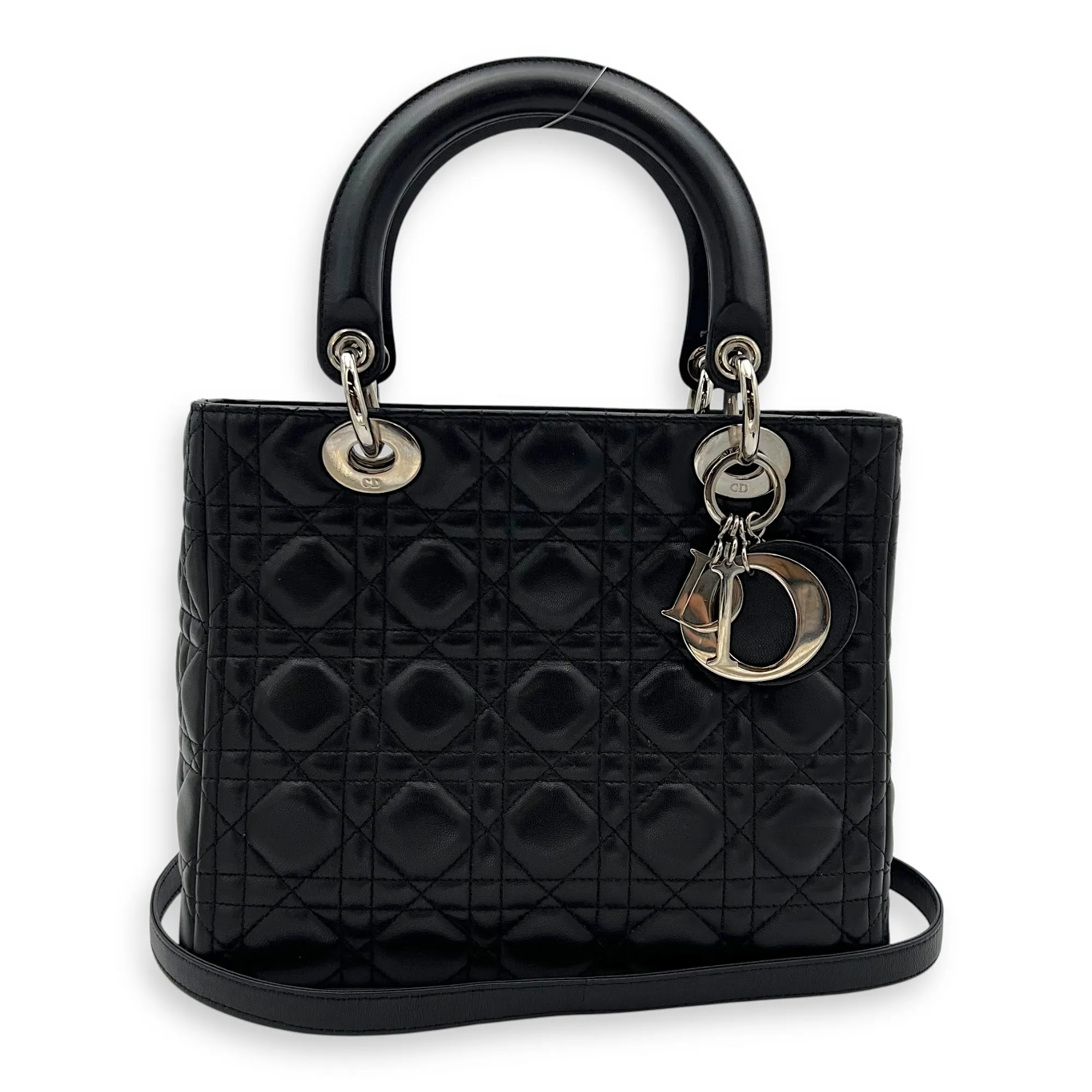 Lady Dior Medium Black Top Handle Bag in Lambskin, Silver hardware