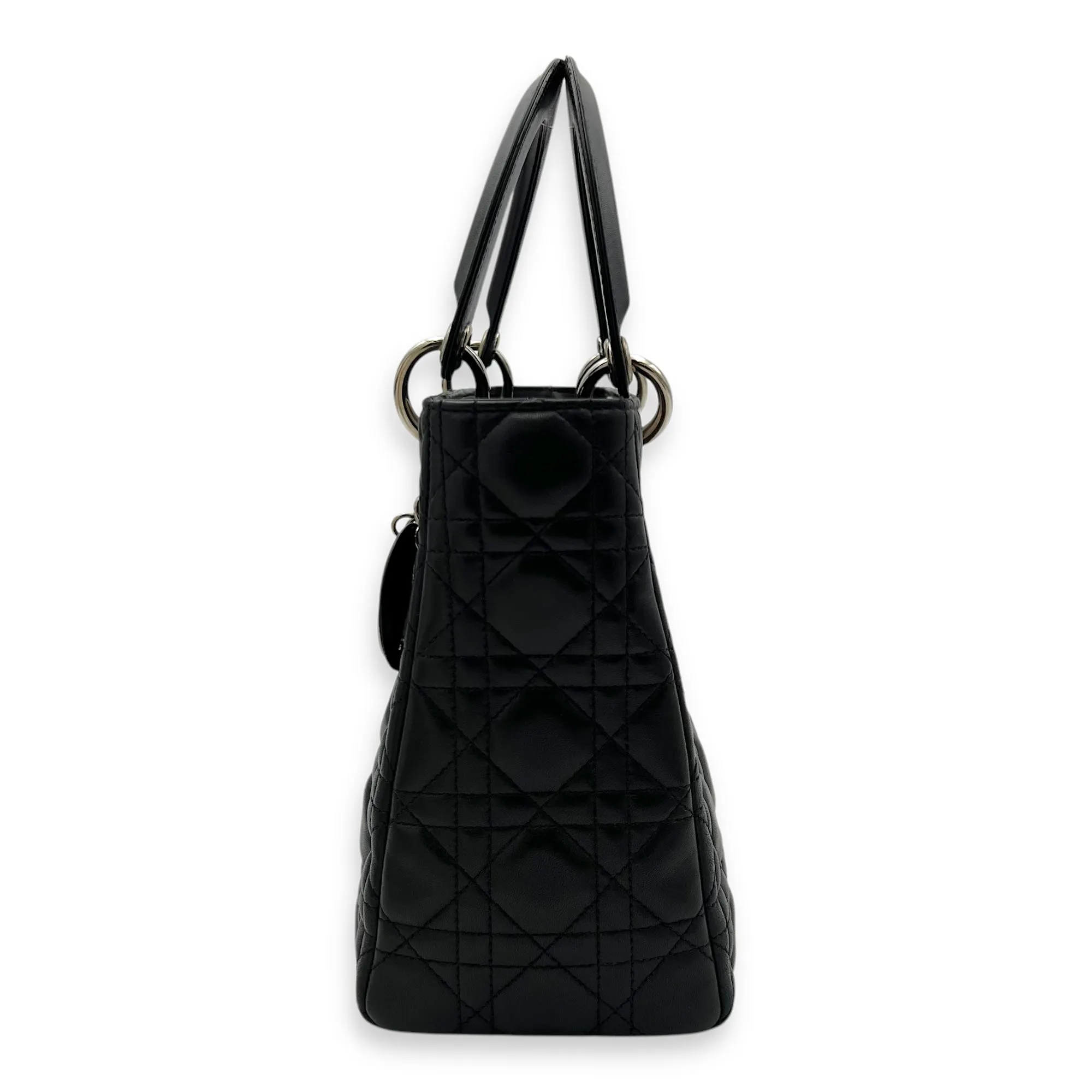 Lady Dior Medium Black Top Handle Bag in Lambskin, Silver hardware