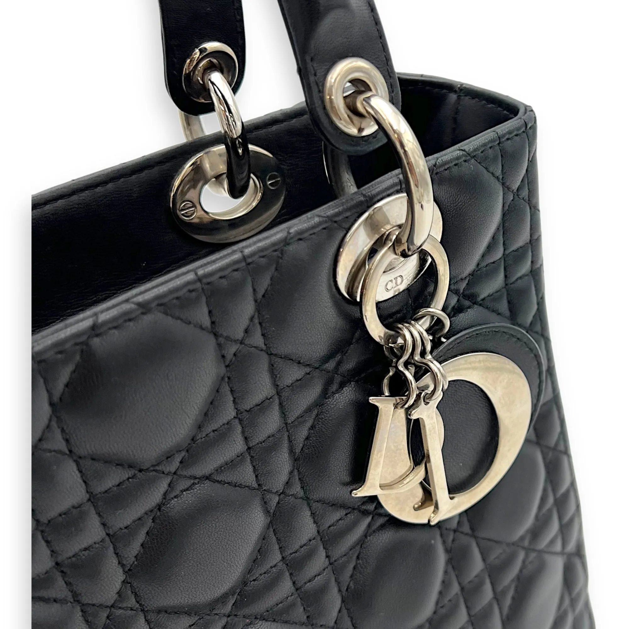 Lady Dior Medium Black Top Handle Bag in Lambskin, Silver hardware