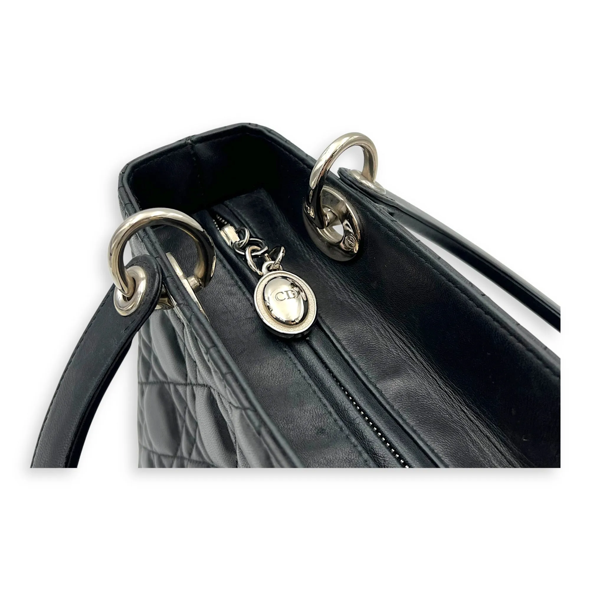 Lady Dior Medium Black Top Handle Bag in Lambskin, Silver hardware