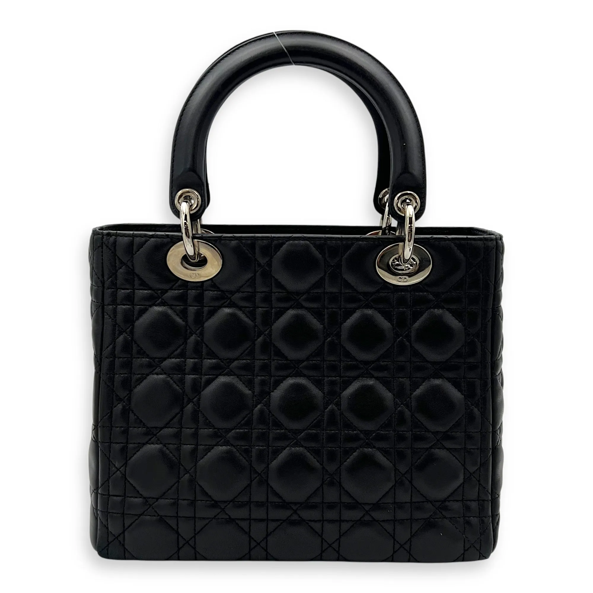 Lady Dior Medium Black Top Handle Bag in Lambskin, Silver hardware