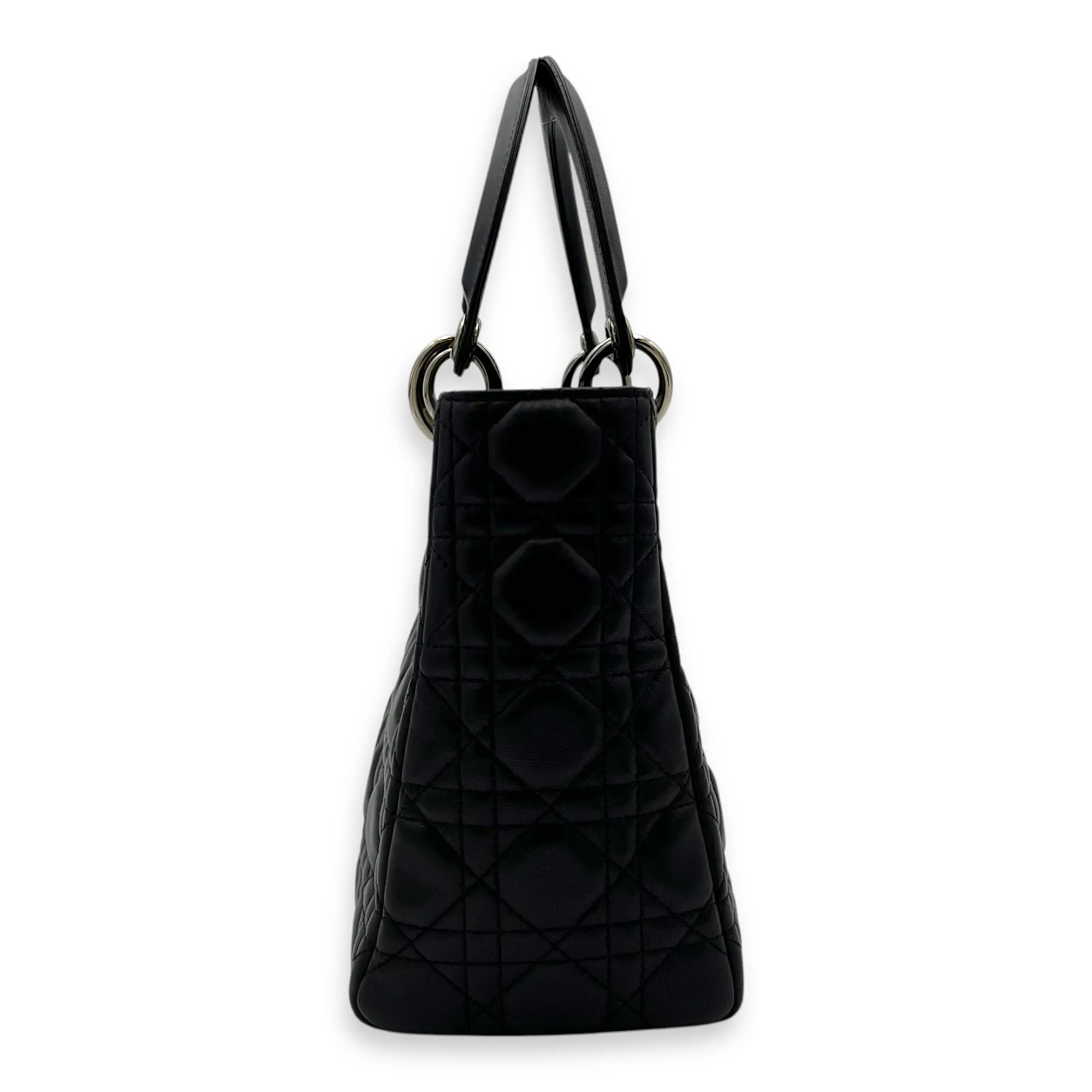 Lady Dior Medium Black Top Handle Bag in Lambskin, Silver hardware