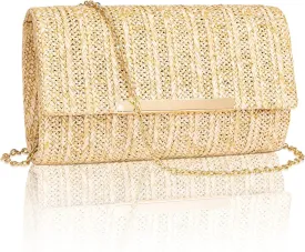 Larcenciel Straw Clutch Purse for Women, Summer Woven Beach Evening Bags w/Chain, Boho Envelope Party Bags, Fashion Crossbody Shoulder Handbags for Wedding Prom Cocktail Night Vacation,8.7x2.2x5.2inch