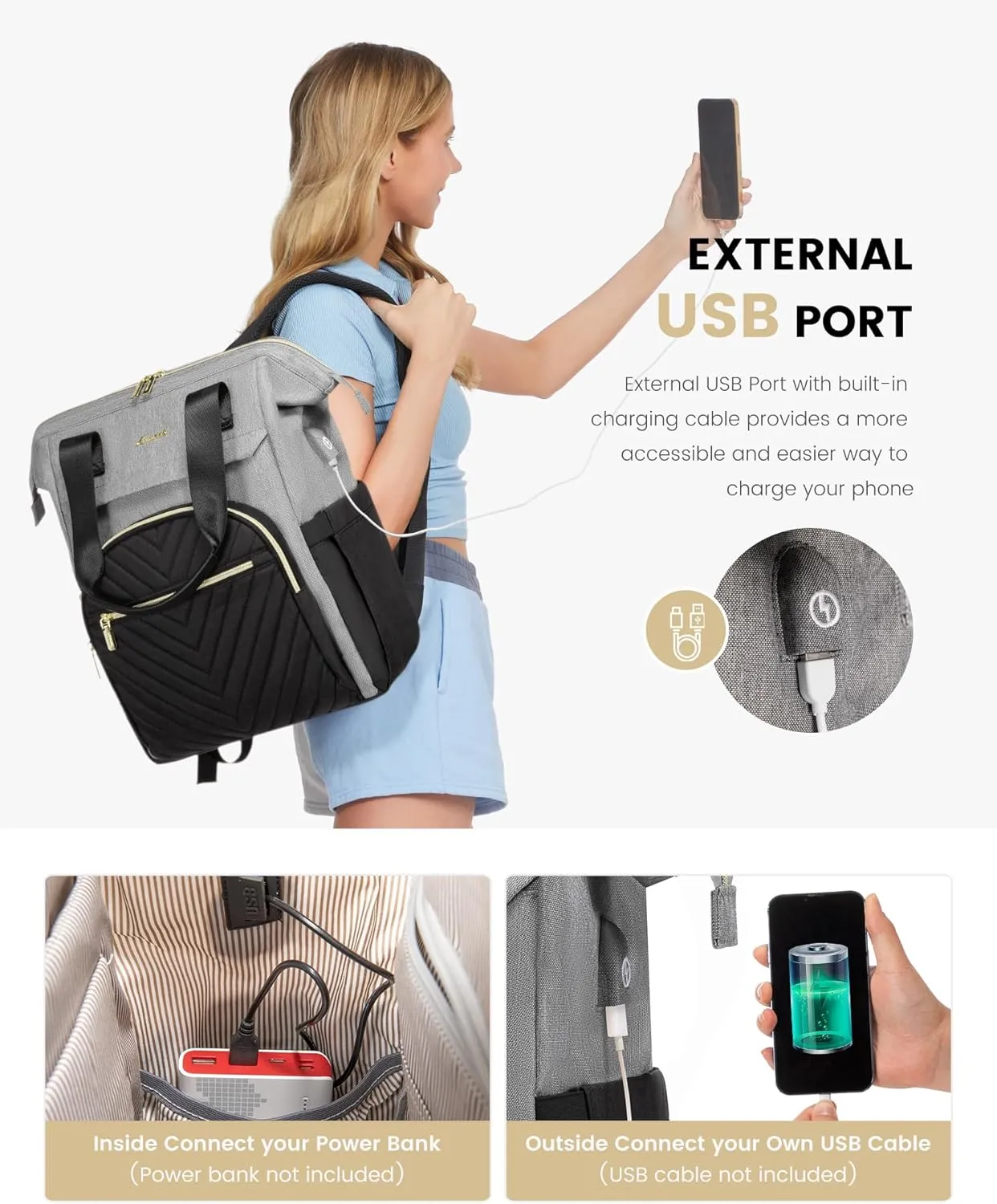 LOVEVOOK Laptop Backpack for Women, 15.6 Inch Work Laptop BagWaterproof Teacher Nurse Bag with USB Port, Fashion Travel Bag Business Computer Backpack Purse,Black-Grey