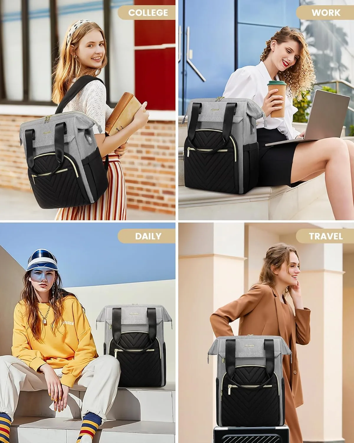 LOVEVOOK Laptop Backpack for Women, 15.6 Inch Work Laptop BagWaterproof Teacher Nurse Bag with USB Port, Fashion Travel Bag Business Computer Backpack Purse,Black-Grey