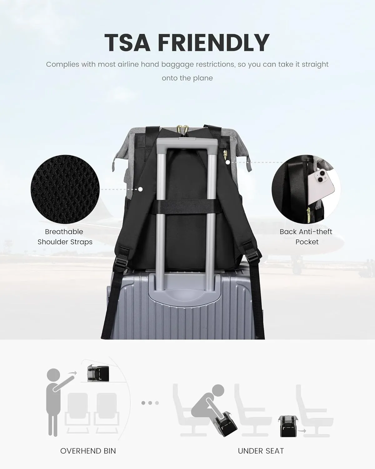 LOVEVOOK Laptop Backpack for Women, 15.6 Inch Work Laptop BagWaterproof Teacher Nurse Bag with USB Port, Fashion Travel Bag Business Computer Backpack Purse,Black-Grey
