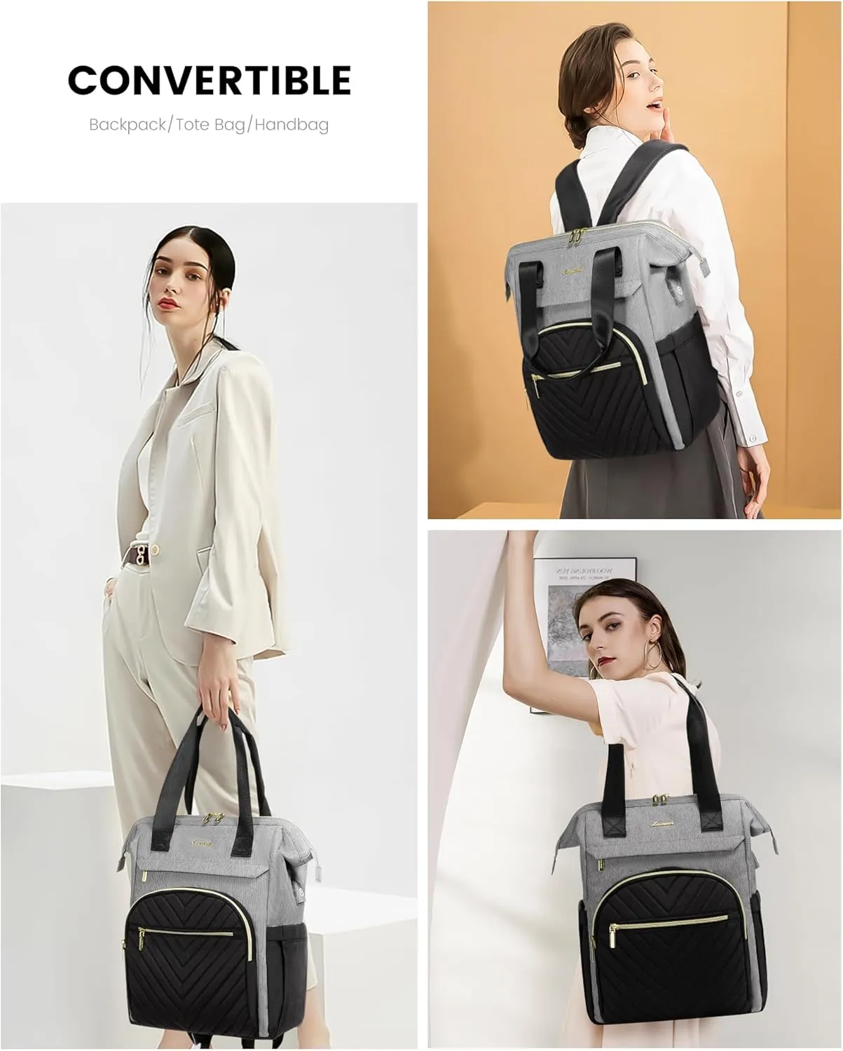 LOVEVOOK Laptop Backpack for Women, 15.6 Inch Work Laptop BagWaterproof Teacher Nurse Bag with USB Port, Fashion Travel Bag Business Computer Backpack Purse,Black-Grey