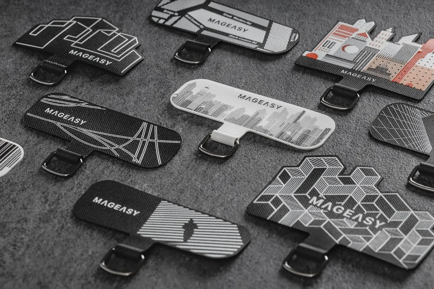 MAGEASY Phone Tether Tab - Cell Phone Lanyard Tab, Phone Lanyard Patch, Phone Strap Replacement Part for All Fully Covered Phone Cases - Strap Card Motion Edition (Skyscrapers)