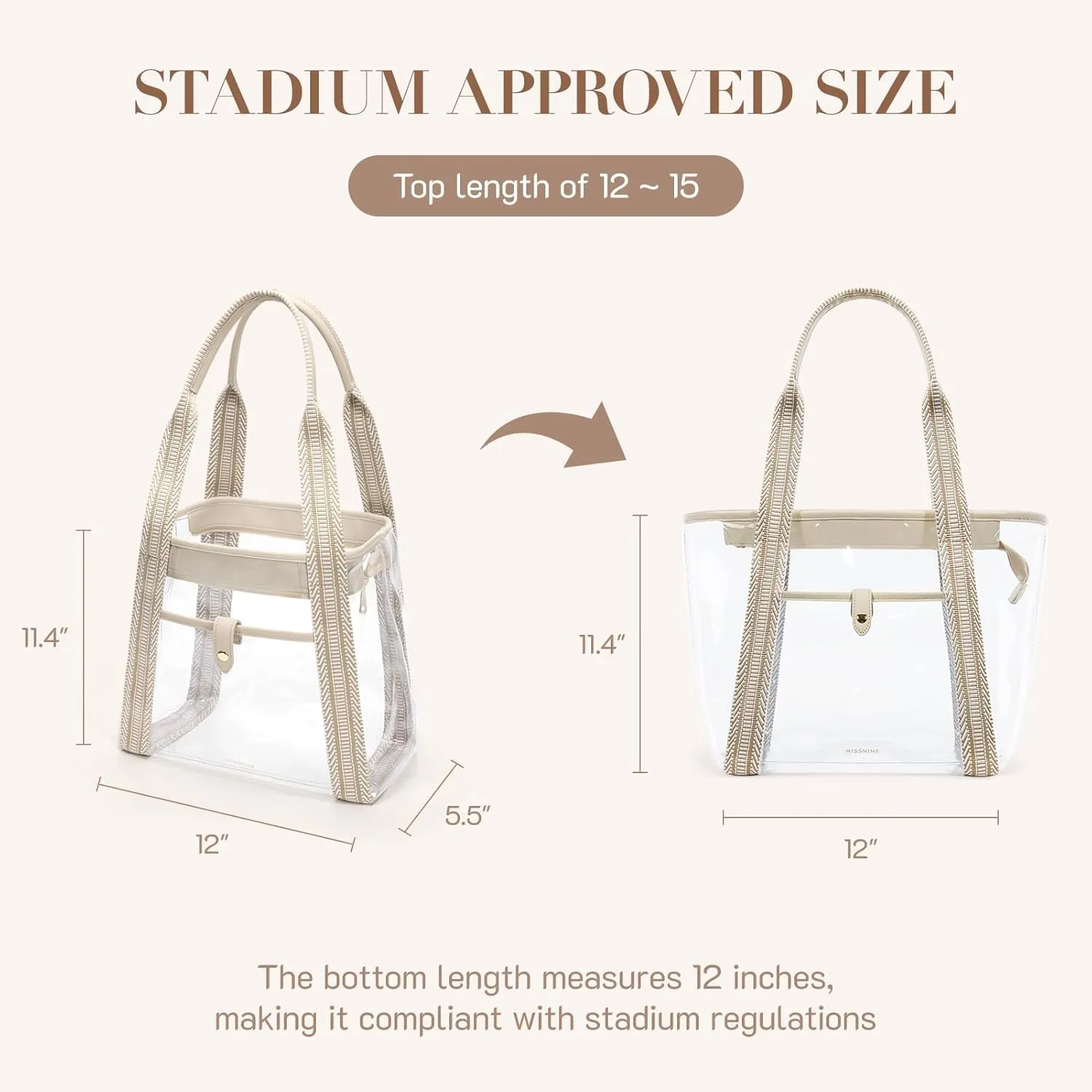 Missnine Clear Tote Bag for Women Clear Bag for Stadium Events with Zipper for Sports Events, Concerts, Work, Beach