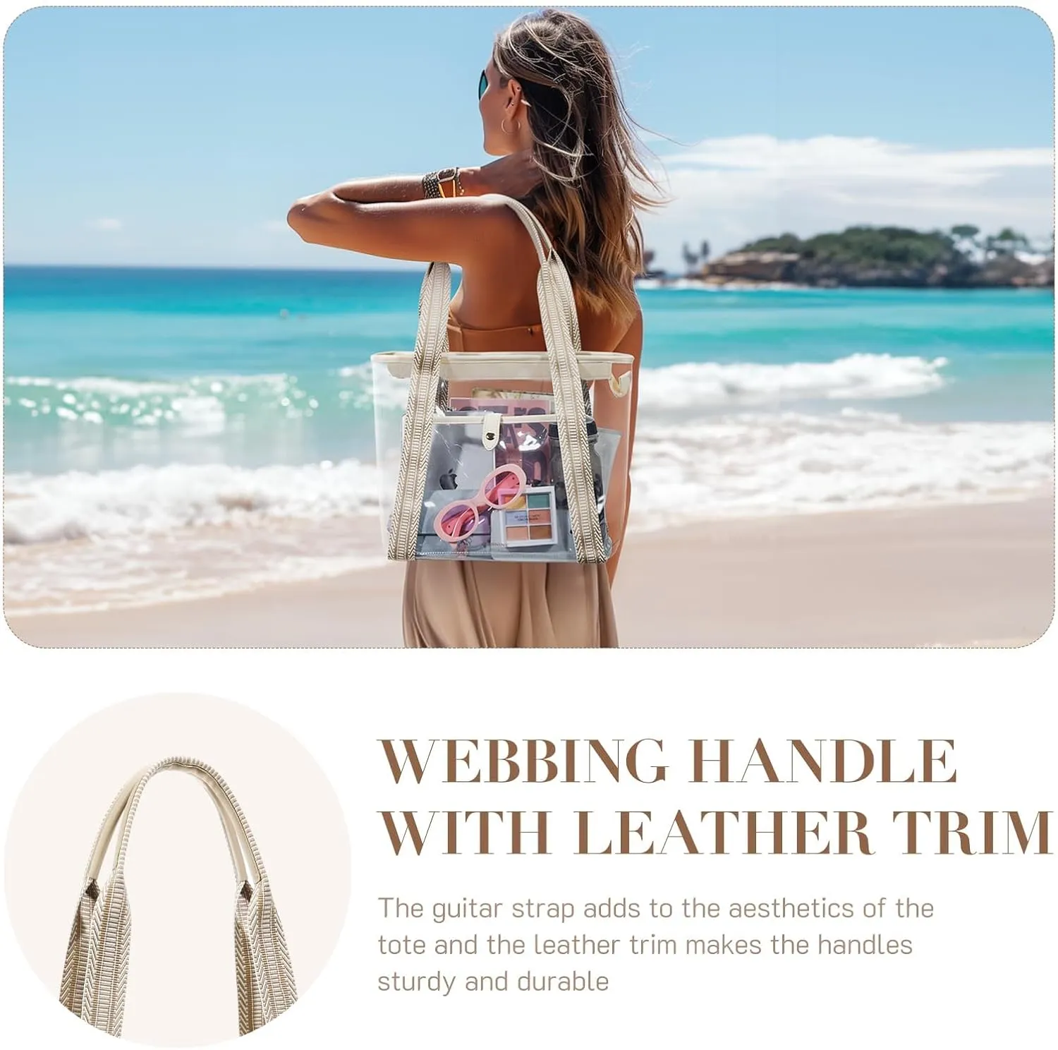 Missnine Clear Tote Bag for Women Clear Bag for Stadium Events with Zipper for Sports Events, Concerts, Work, Beach