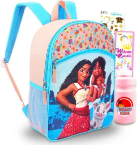 Moana Backpack Set for Girls  16 Disney School Bag with Water Bottle, Stickers & Door Hanger  Moana School Supplies Bundle for Kids
