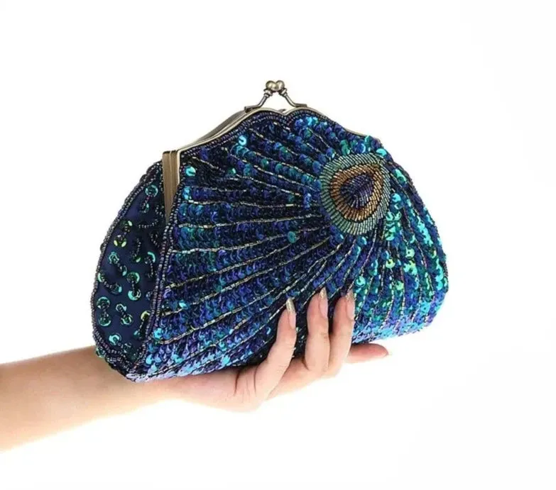 New Retro Beaded Sequined Women's Evening Clutch Bag: Peacock Cheongsam Luxury Designer Handbags, Clutch Purses, Crossbody Handbags