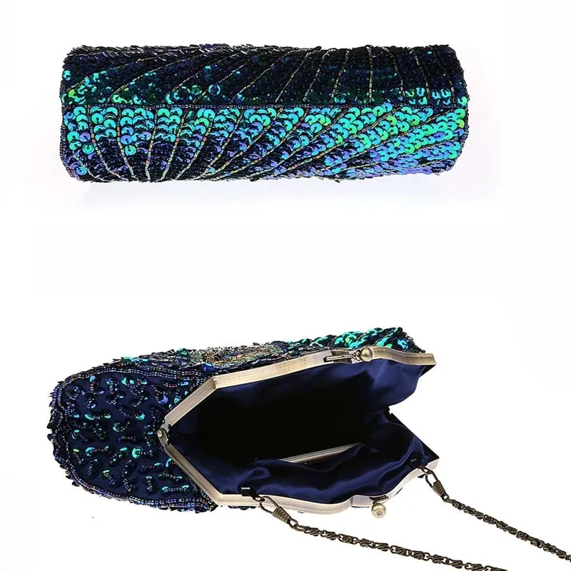 New Retro Beaded Sequined Women's Evening Clutch Bag: Peacock Cheongsam Luxury Designer Handbags, Clutch Purses, Crossbody Handbags