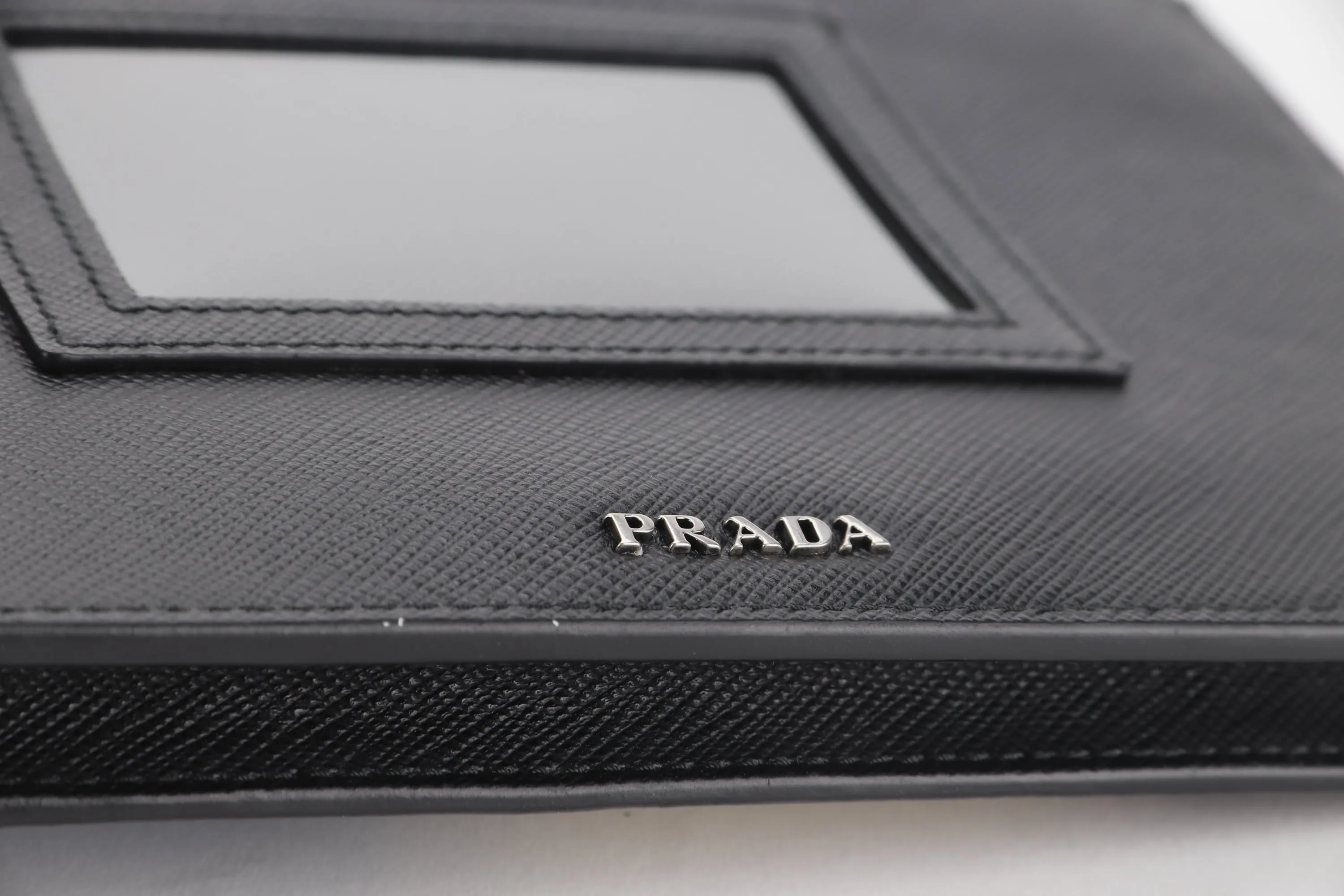 PRADA CLUTCH BLACK RETRO RACING LOGO PRINT SAFFIANO LEATHER SILVER HARDWARE, NO CARD & DUST COVER