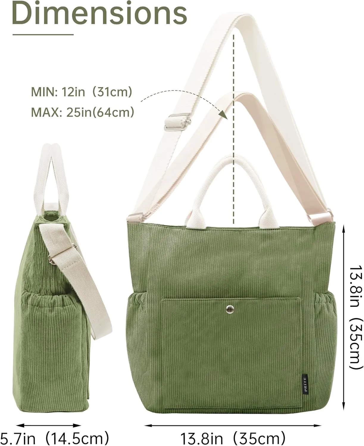 Prite Corduroy Tote Bag for Women Large Crossbody Hobo Shoulder Bag with Pockets Tote Handbag for Work,College,Shopping