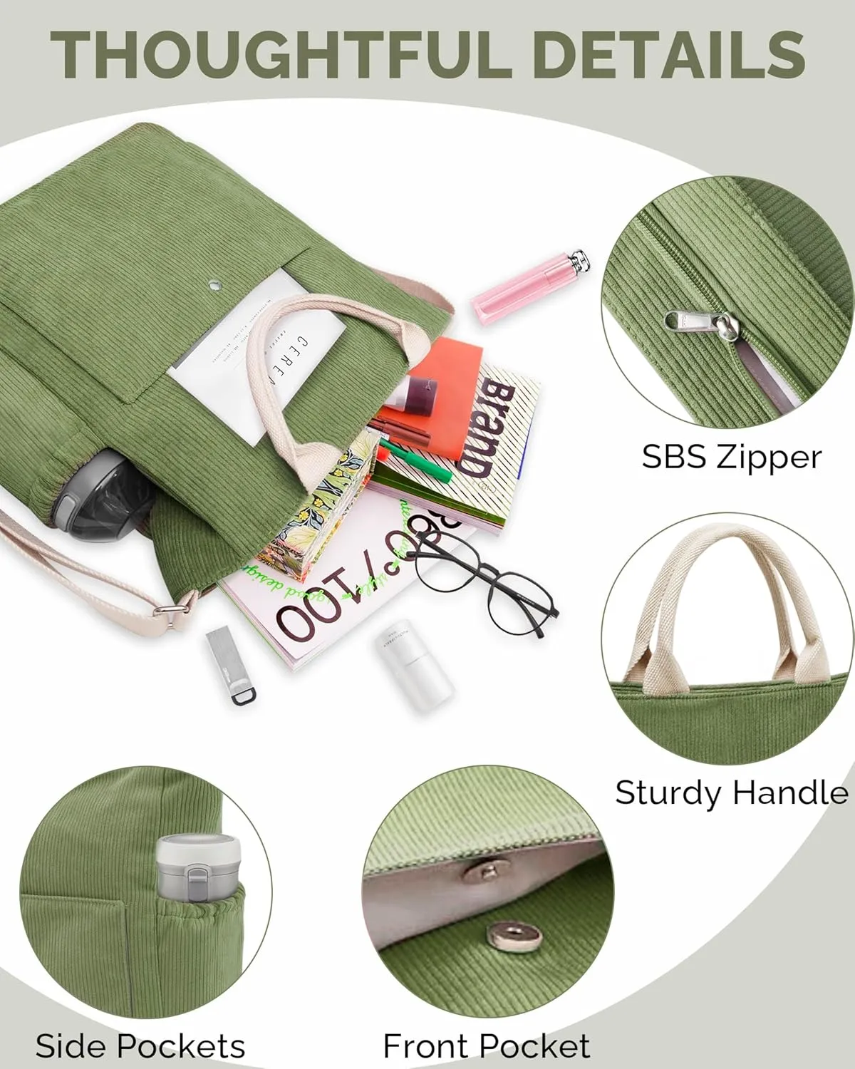 Prite Corduroy Tote Bag for Women Large Crossbody Hobo Shoulder Bag with Pockets Tote Handbag for Work,College,Shopping