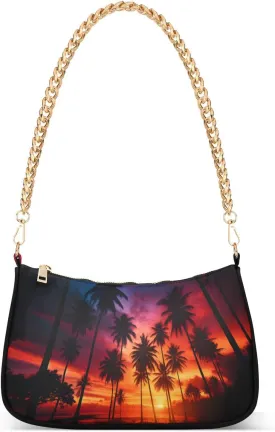 Shoulder Bags for Women The Silhouette Of Palm Trees on Tropical Beaches During Vivid Sunset Time Hobo Tote Handbag Small Clutch Purse with Zipper Closure