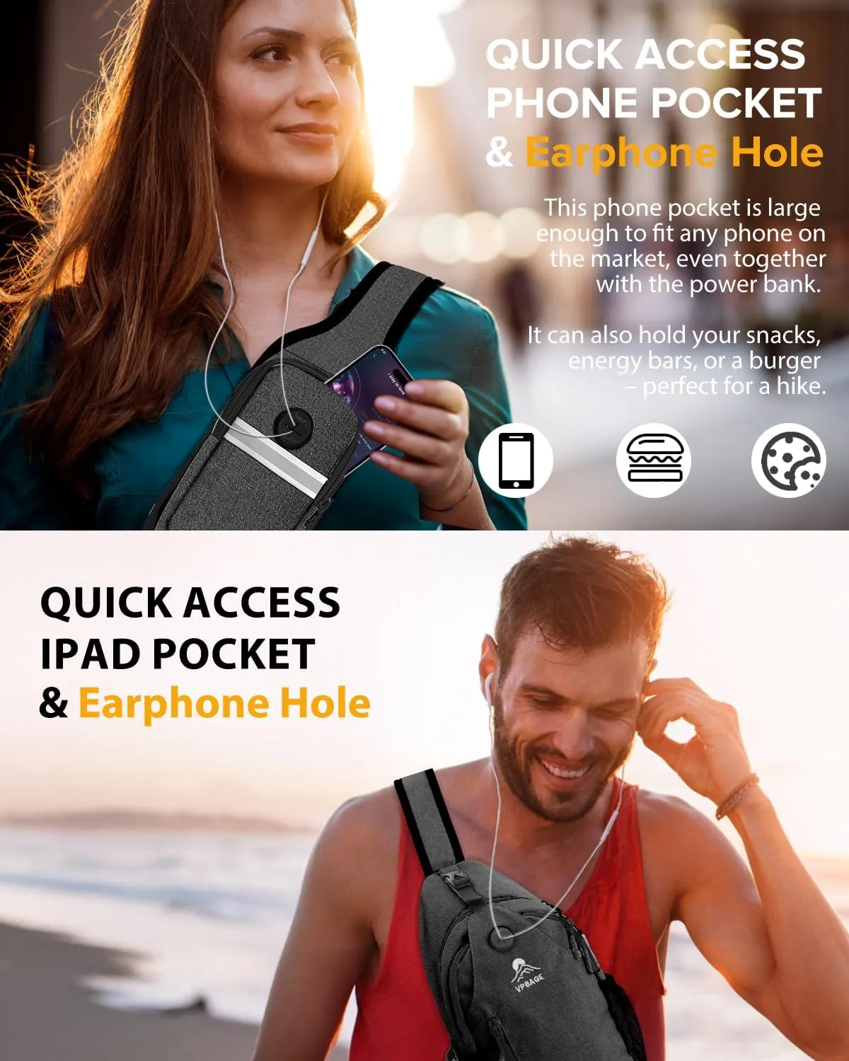 Sling Bag for Men Women, Crossbody Hiking Daypack/Chest Bag/Shoulder Bag, Small Backpack Travel, with Chest Phone Holder