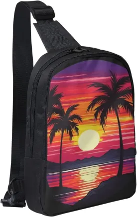 Sling Bag for Women Men Crossbody Bag Fashion Waist Bag Palm Tree Sunset Design Chest Bag Adjustable Fanny Pack
