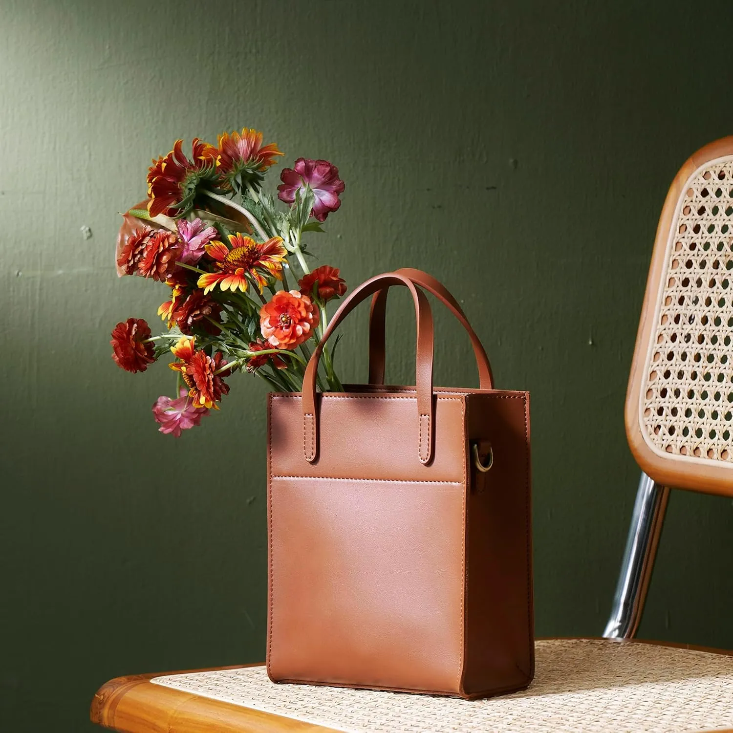 SUNLIGHT LEAVES Vintage Vegan Leather Mini Tote Bag For Women Simple Small Handle Purse Cute Cell Phone Satchel Lady Handbag