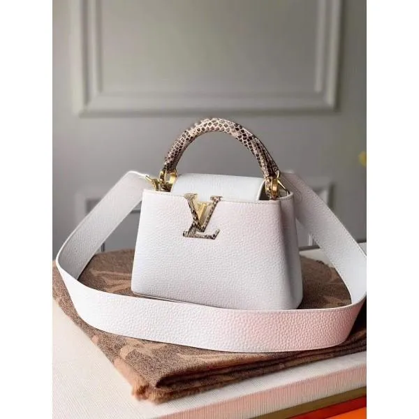 Taurillon &amp; Python Leather Capucines Mini Top Handle Bag N97400 White Collection
