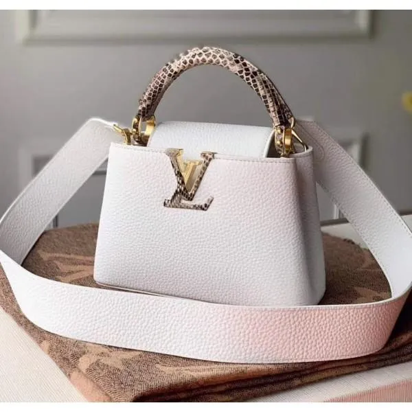 Taurillon &amp; Python Leather Capucines Mini Top Handle Bag N97400 White Collection