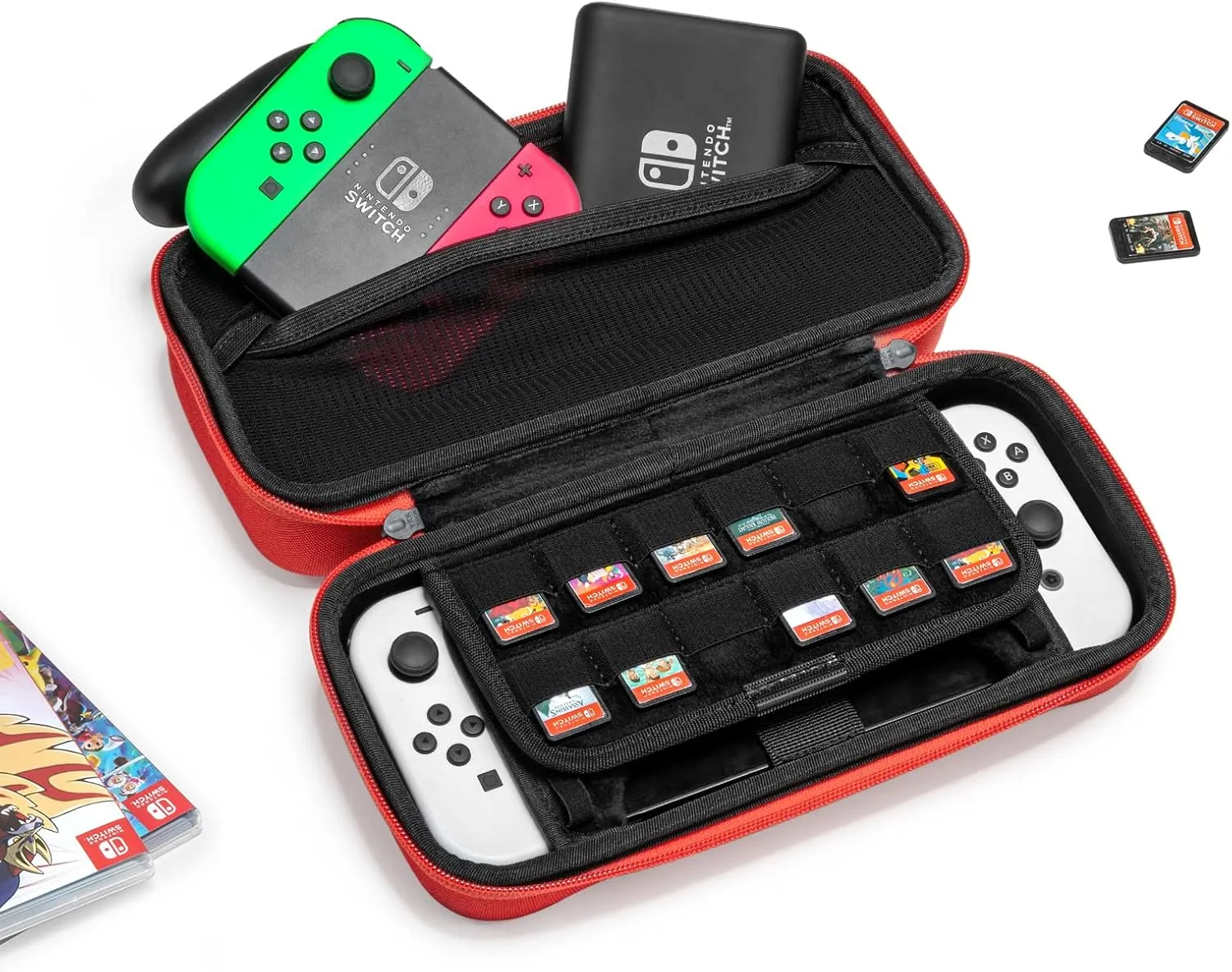 tomtoc Carrying Case for Nintendo Switch/OLED Model, Large Travel Switch Bag with Pocket for Pro Controller, Joy con Grip or AC Adapter, Protective Portable Carry Shell with 24 Game Cartridges