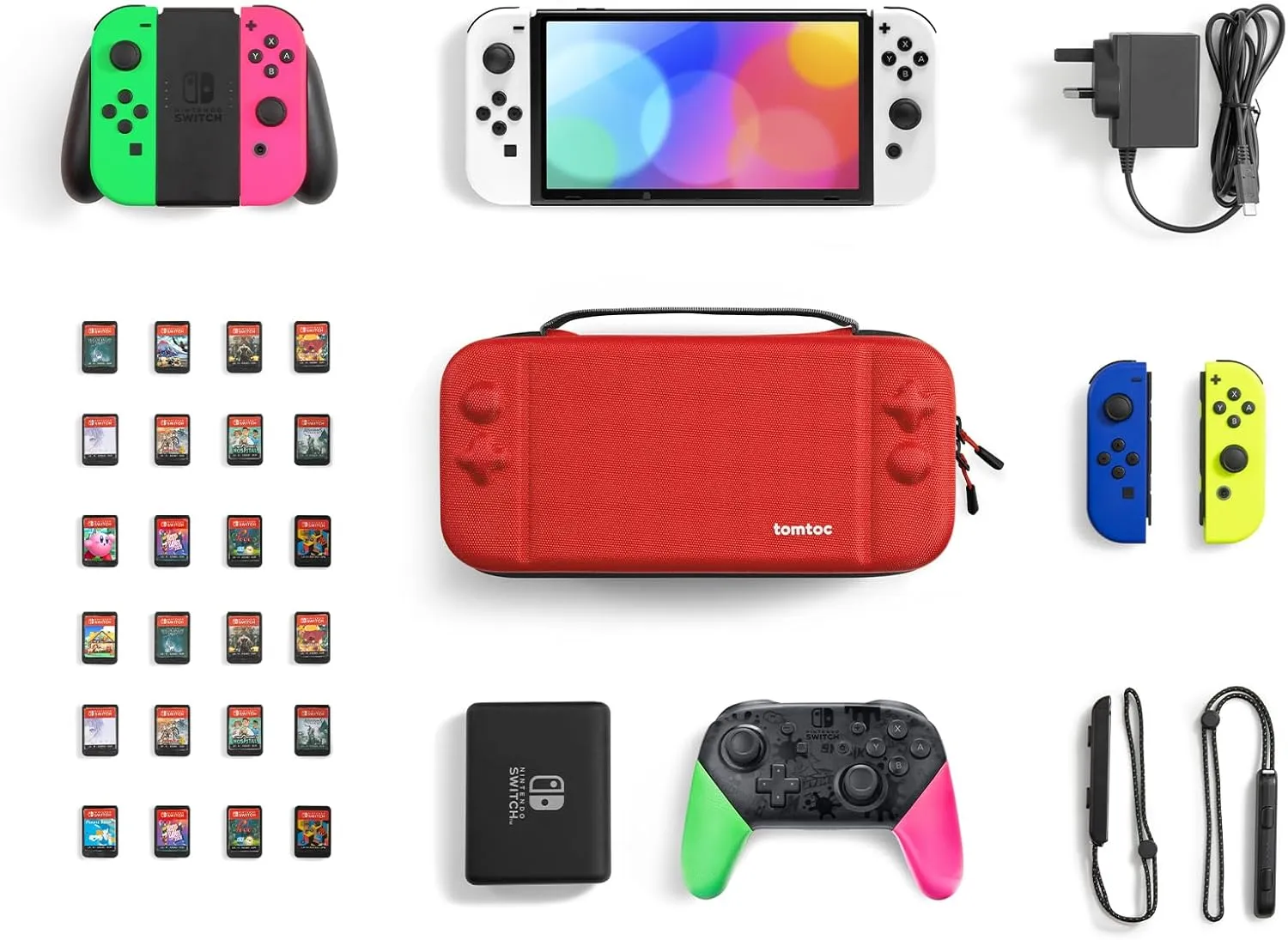 tomtoc Carrying Case for Nintendo Switch/OLED Model, Large Travel Switch Bag with Pocket for Pro Controller, Joy con Grip or AC Adapter, Protective Portable Carry Shell with 24 Game Cartridges