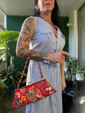 Vintage Colorful Red Floral Sequin Purse Bag Clutch