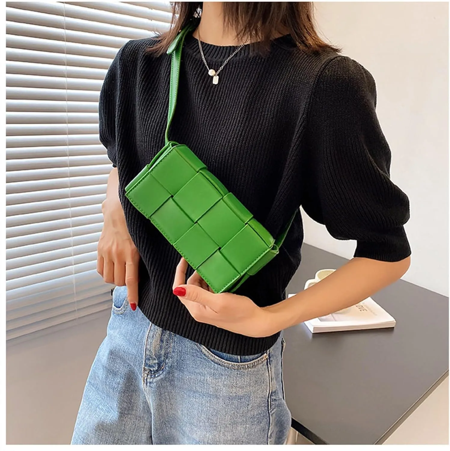 VIRVAR Mini Belt Bag with Women's PU Leather Woven Small Fanny Pack, Woven Small Square Bag 7.3 * 4 * 2.6 Inch (Green)