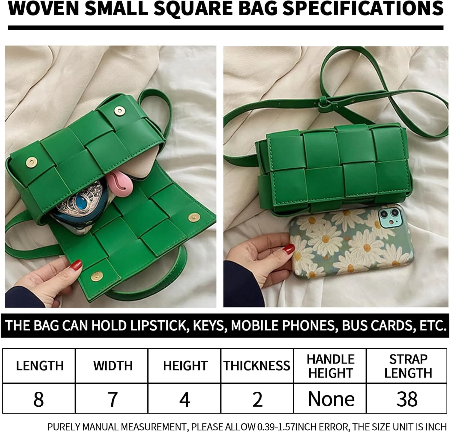 VIRVAR Mini Belt Bag with Women's PU Leather Woven Small Fanny Pack, Woven Small Square Bag 7.3 * 4 * 2.6 Inch (Green)