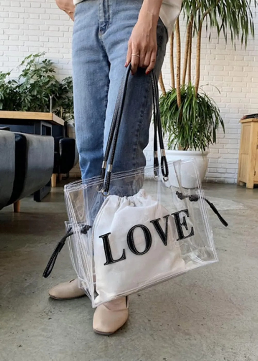 Women Clear Jelly Tote Bag Large Capacity Shoulder Bags Letters Purse
