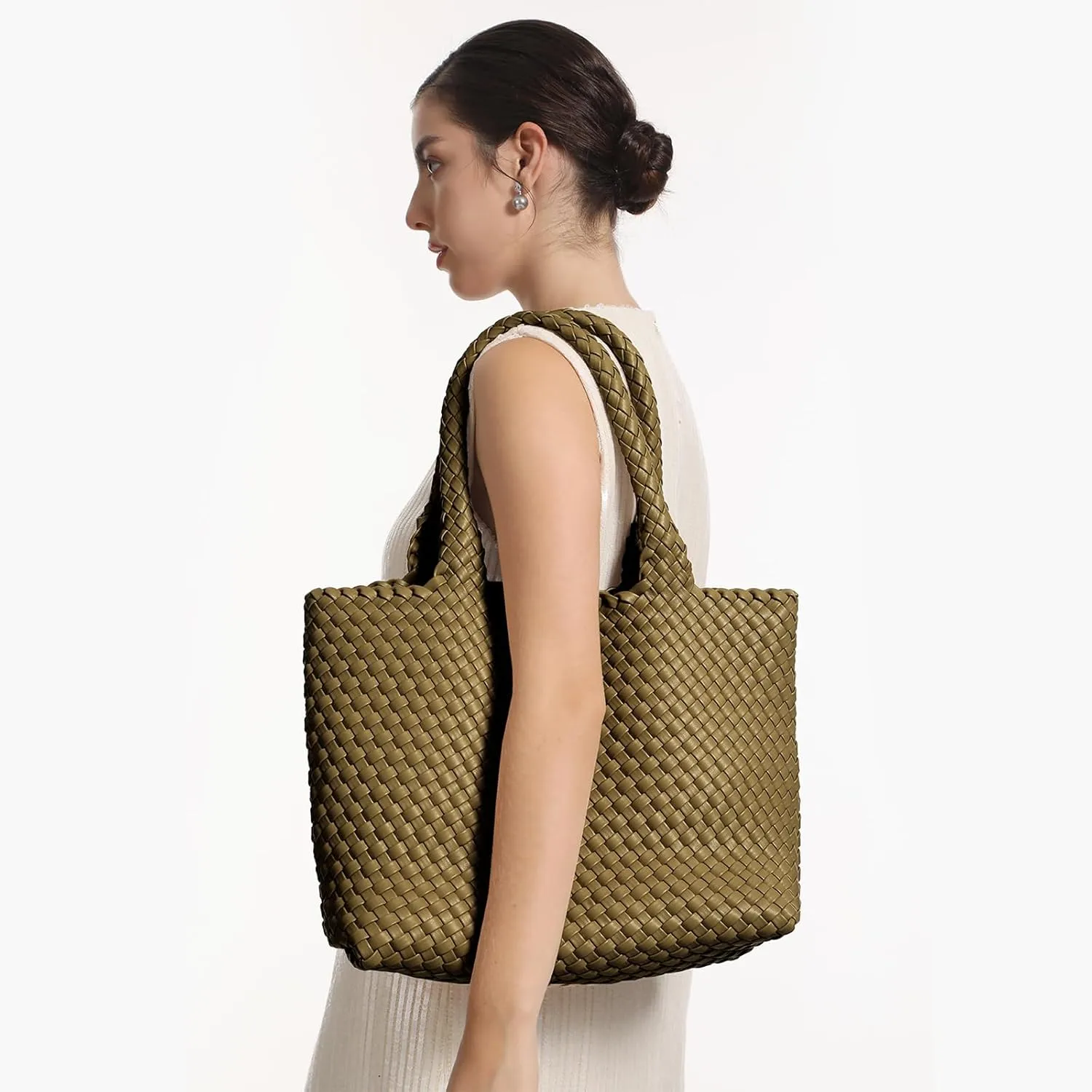 Woven Tote Bag for Women,Fashion Top Handle Shoulder Bag Vegan Leather Shopper Bag Large Travel Tote Bag with Purse