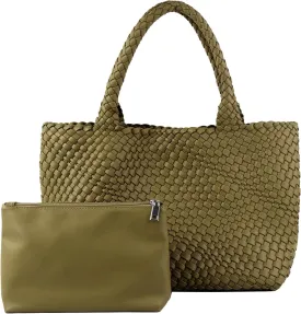 Woven Tote Bag for Women,Fashion Top Handle Shoulder Bag Vegan Leather Shopper Bag Large Travel Tote Bag with Purse
