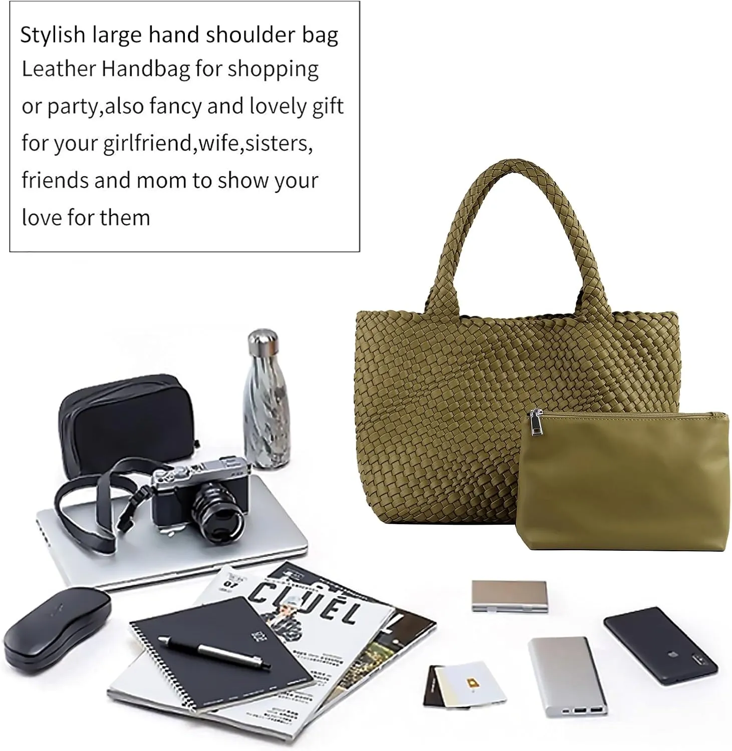Woven Tote Bag for Women,Fashion Top Handle Shoulder Bag Vegan Leather Shopper Bag Large Travel Tote Bag with Purse